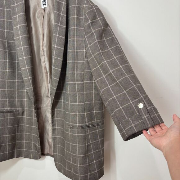 Anne Klein Tan Brown Plaid Windowpane Blazer Jacket XL Open Front Old Money - Picture 2 of 10
